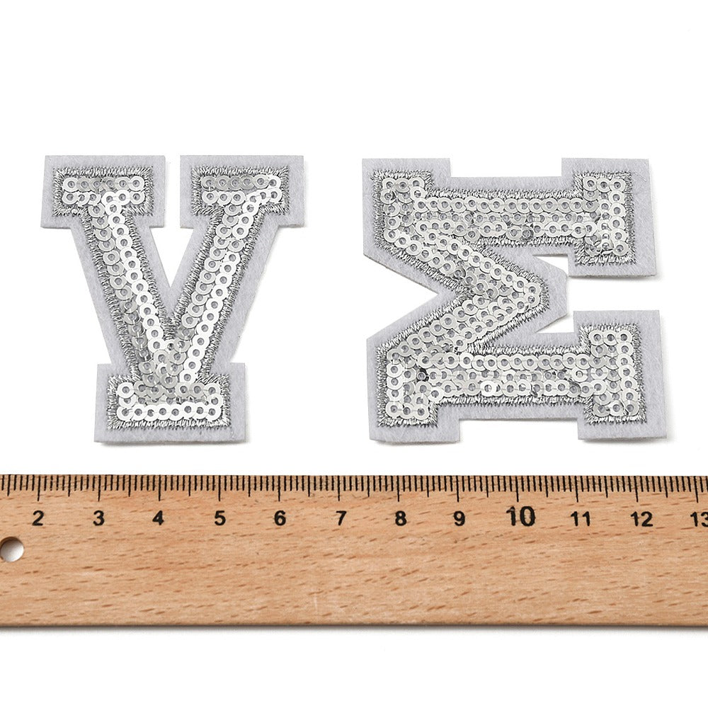 Front & Length View Silver Alphabet Sequin Patch Set