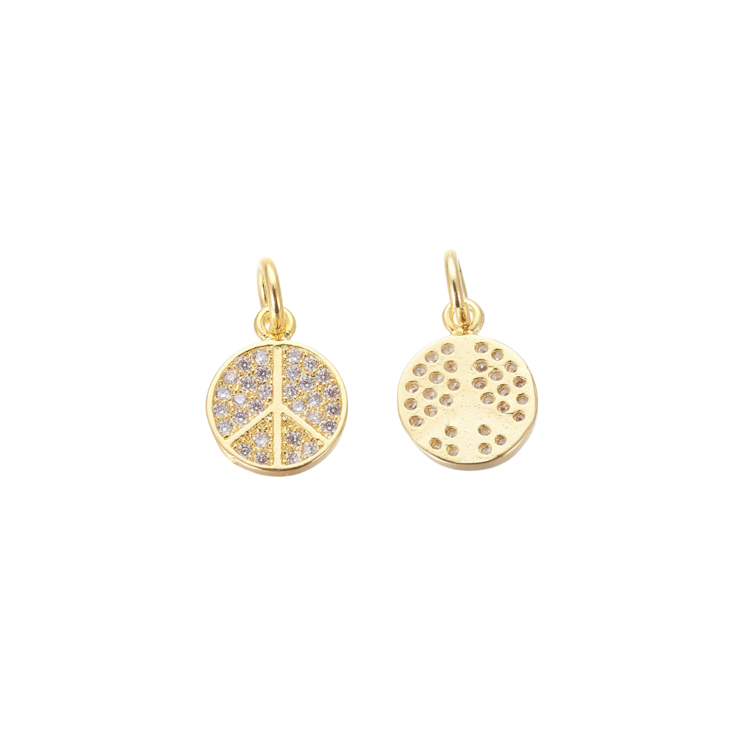 Front & Back View of the Gold Peace Sign with Cubic Zirconia Charm