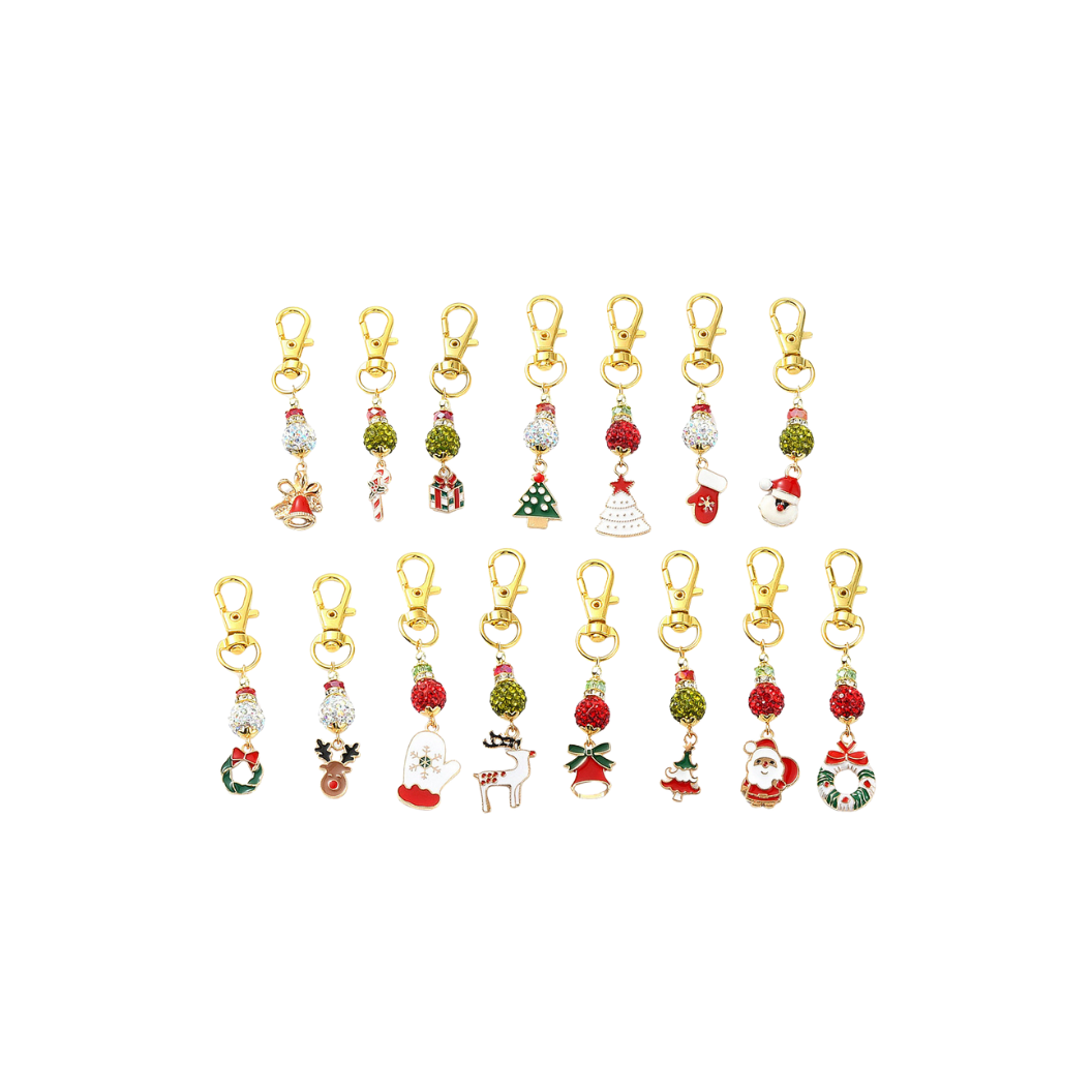 Set of Christmas-themed keychains on a white background
