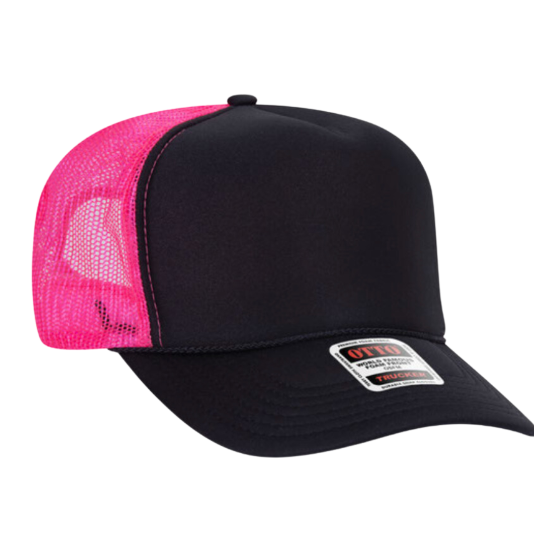 Front view of the Black and Hot Pink Trucker Hat