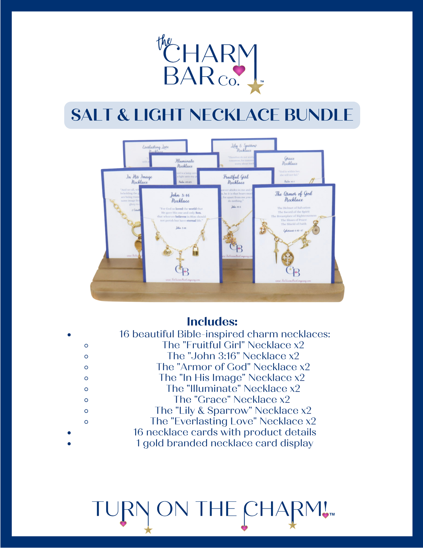 Salt & Light Necklace Bundle including 16 beautiful Bible - Inspired Charm Necklaces, 16 Necklace Cards with Product Details, and 1 gold branded necklace card display