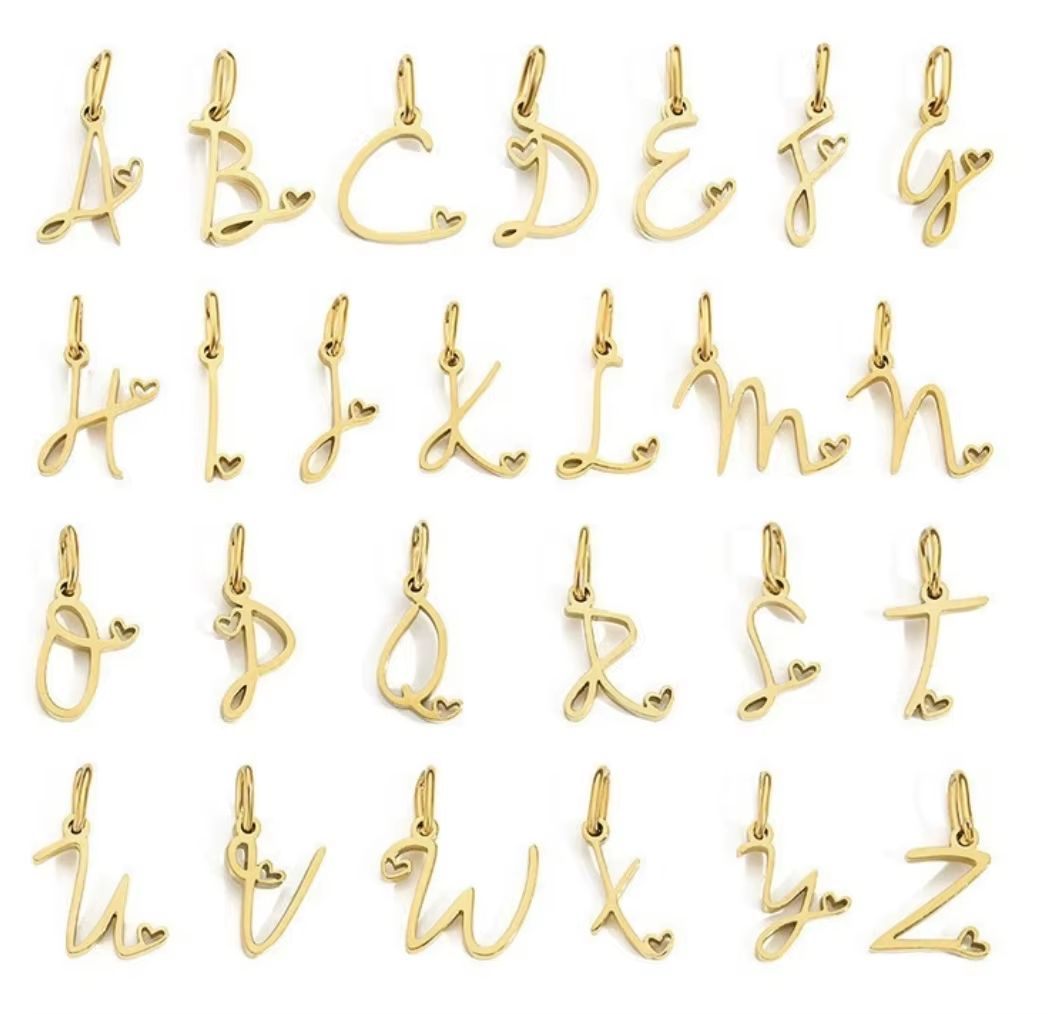 Gold Cursive Initial Letter Set | Waterproof Stainless Steel Charm Set