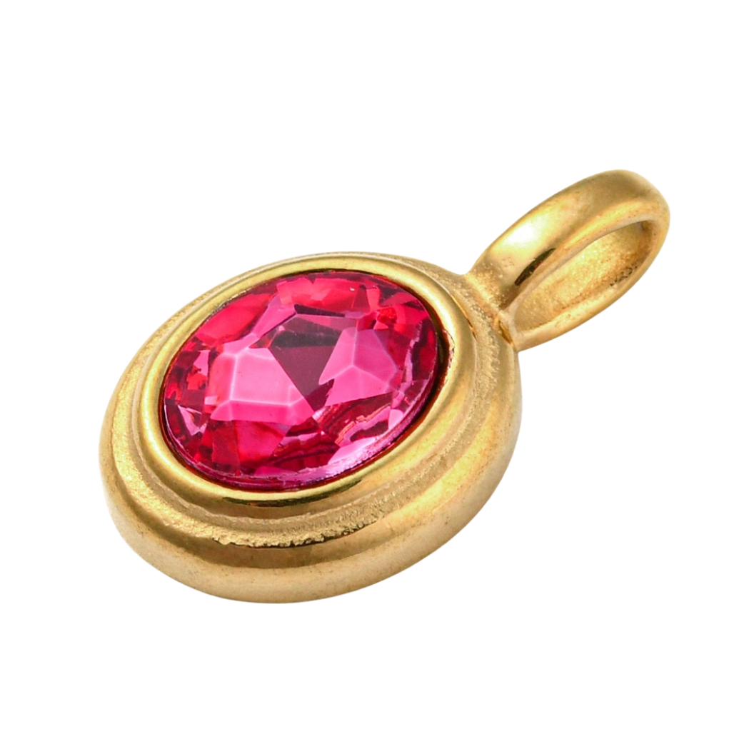 Side of the Gold Oval Framed Pink Glass Stone Charm