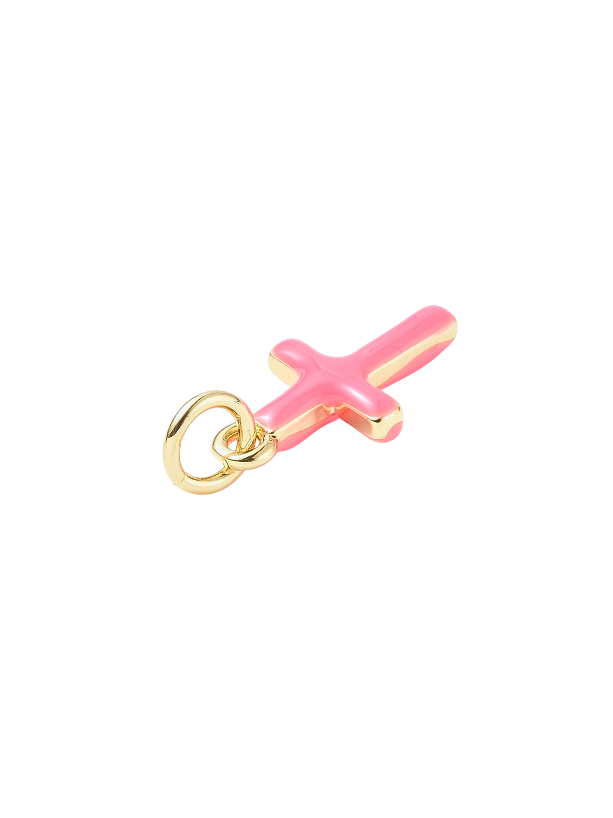 Side view of gold enamel cross in dark pink