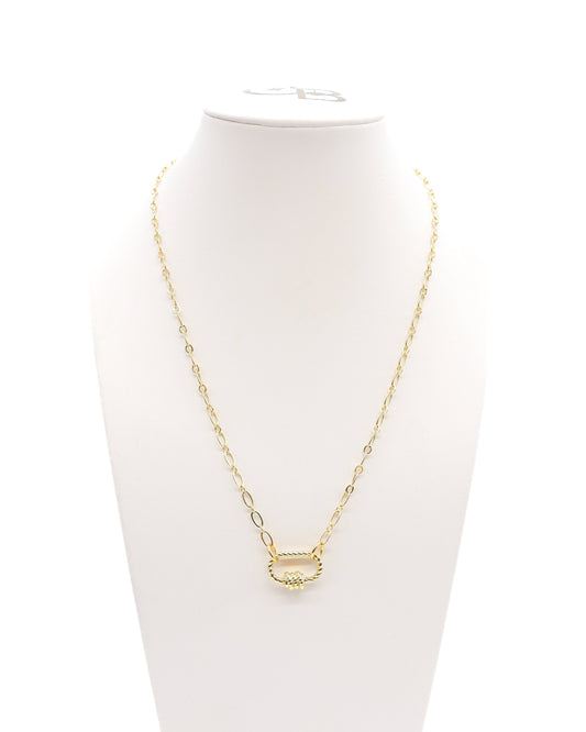 Front of Gold Christie Necklace with Small Bella Carabiner on CB Bust