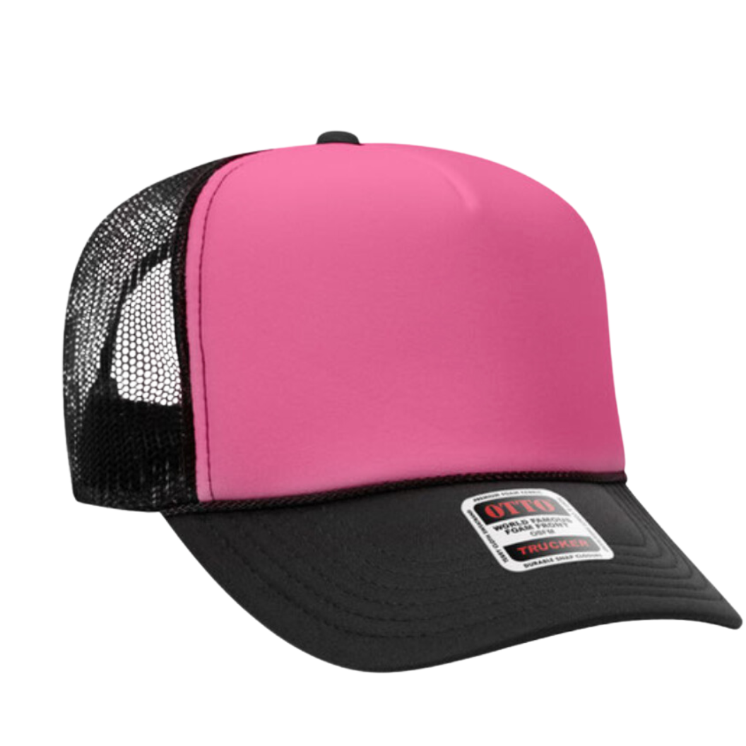 Front view of the Neon Pink and Black Trucker Hat