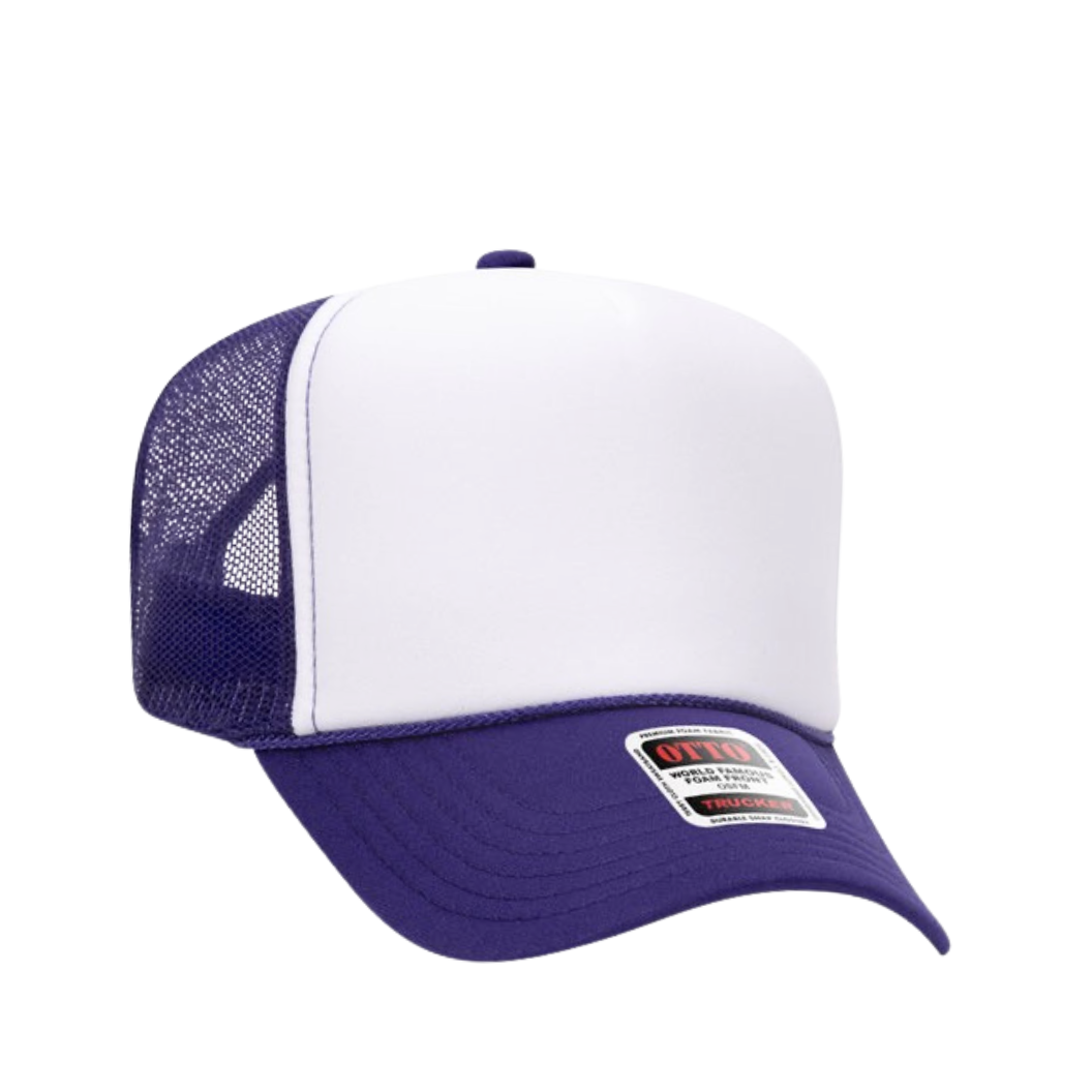 Front View of the Purple and White Trucker Hat