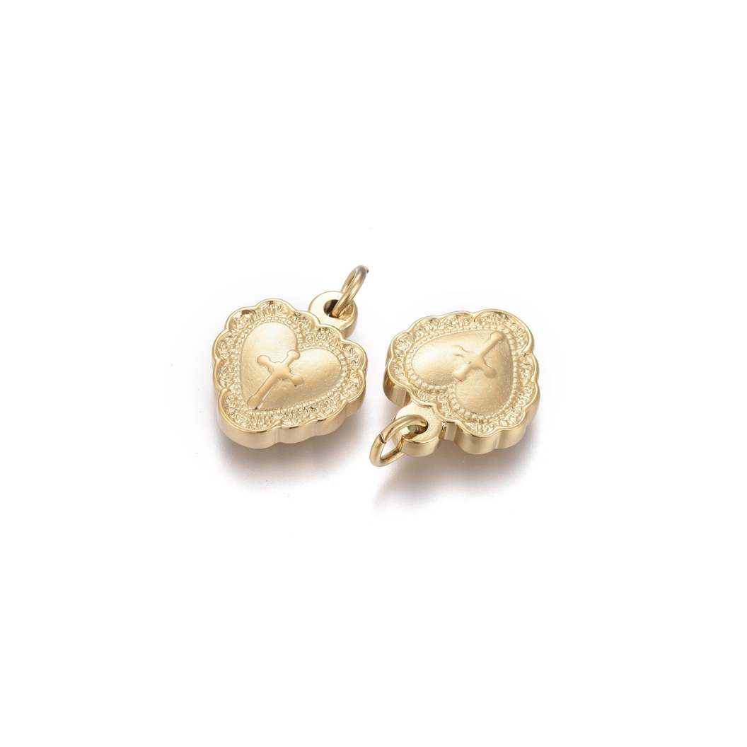 Front & side view of the Gold Vintage "Cross My Heart" Charm