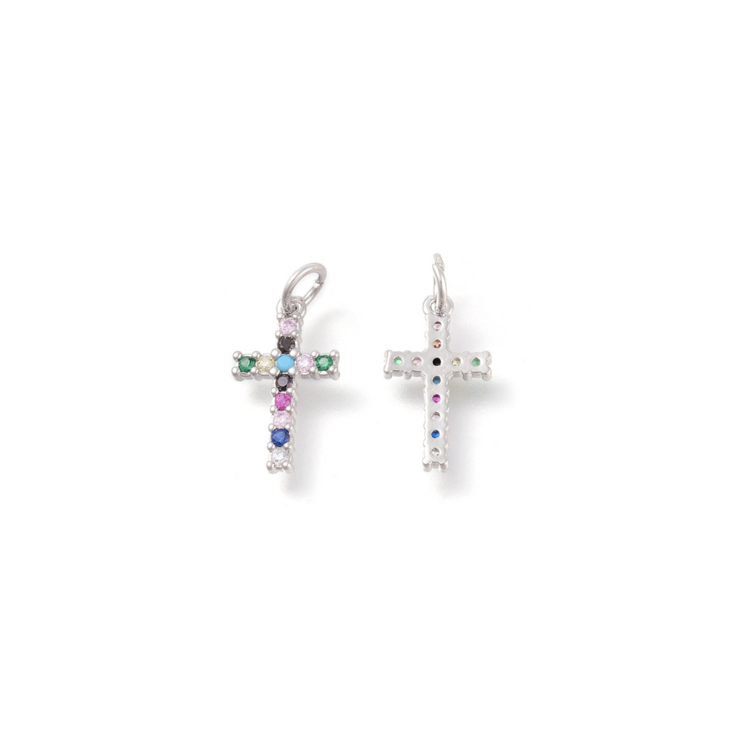 Front and back of Silver Multi Stone Cross Charm