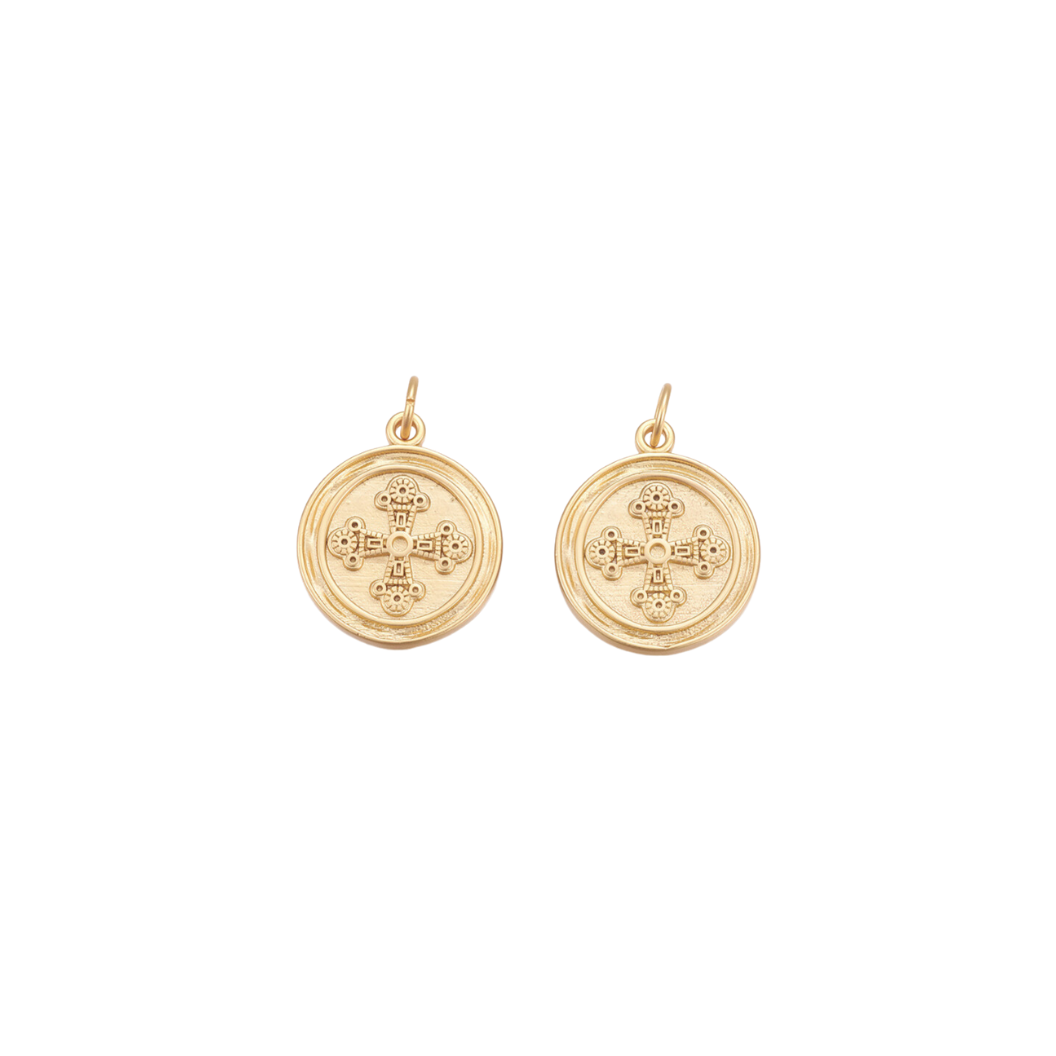 Front and back of Gold Matte Filigree Cross Disc Charm