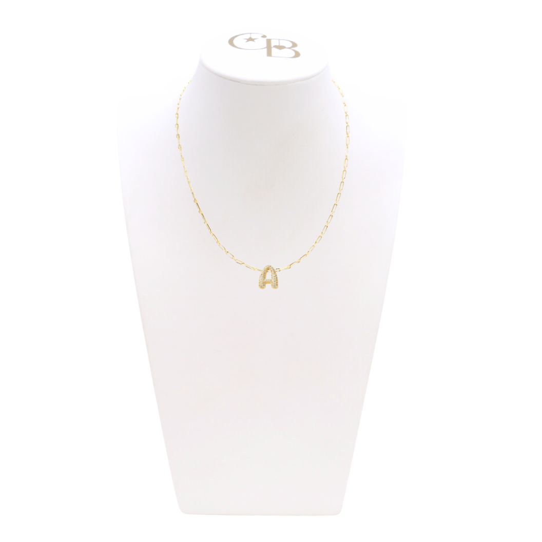 Front view of the Gold Mini Slider Rhinestone Bubble Initial Letter | Alphabet Charm on CB Bust