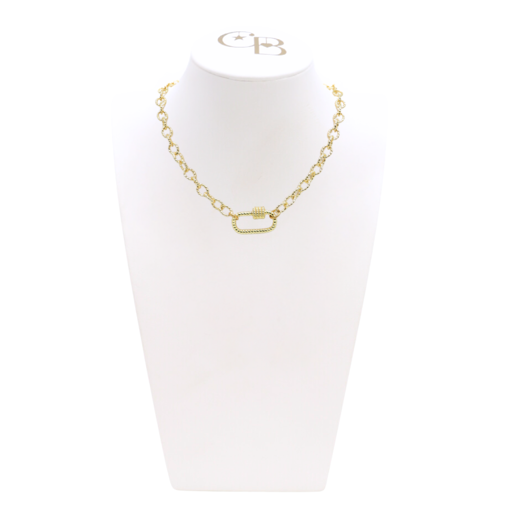 Front view of the Gold Alexis Necklace with Bella Carabiner on CB Bust