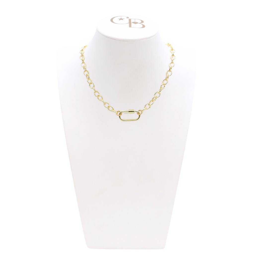 Front view of the Gold Alexis Necklace with Piper Carabiner on CB Bust