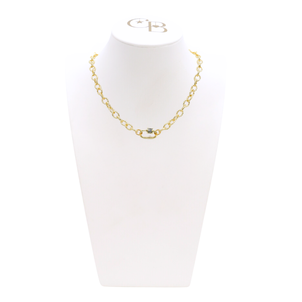Front view of the old Alexis Necklace with Assorted Color Cubic Zirconia Small Gabi Carabiner on CB Bust