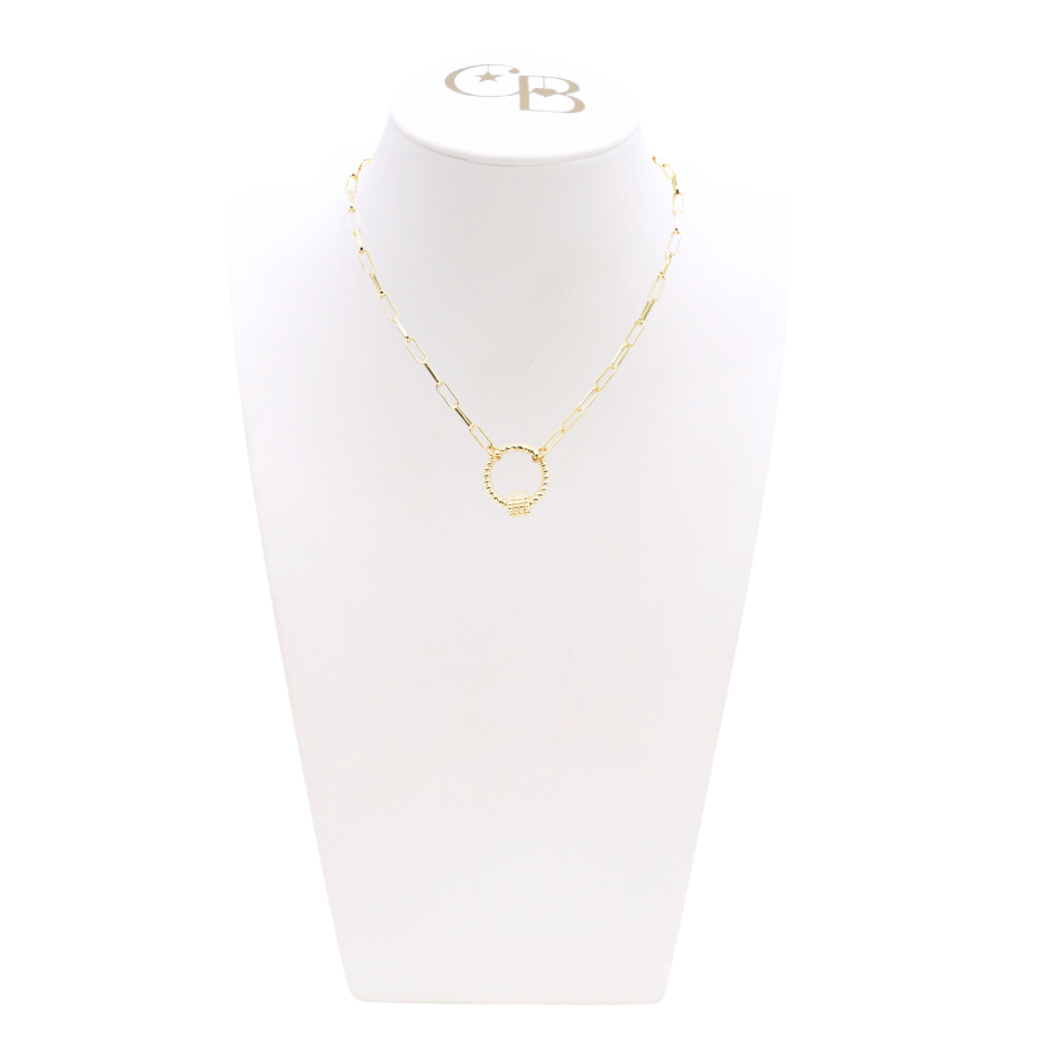 Front view of the Gold Ashley Necklace with Round Bella Carabiner on CB Bust
