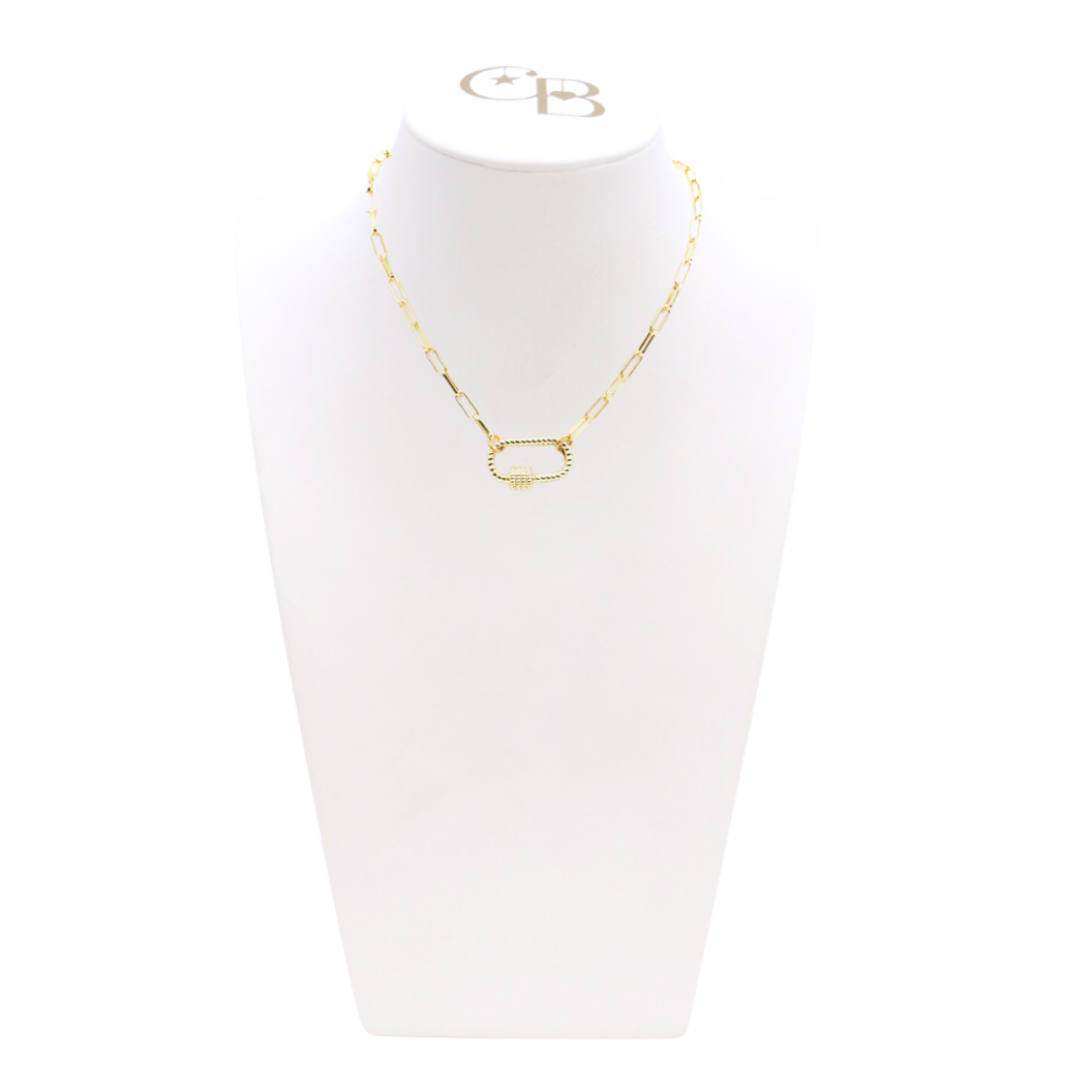 Front view of the Gold Ashley Necklace with Bella Carabiner on CB Bust