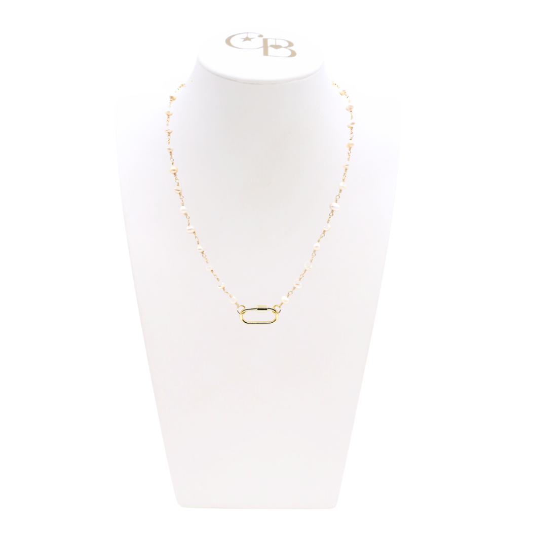 Front of Gold Beth Charm Necklace with Piper Carabiner on Cb Bust