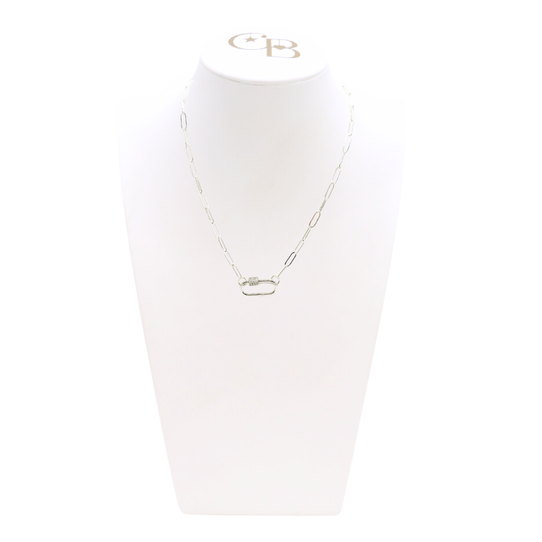 Front of the Silver Ashley Necklace with Large Gabi Carabiner on CB Bust