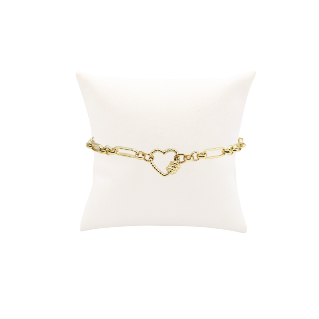 Front view of the Gold Anna Charm Bracelet with Heart Bella Carabiner
