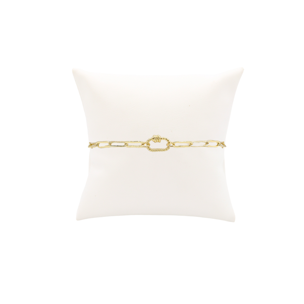 Front of the Gold Ashley Paperclip Chain Charm Bracelet with Micro Bella Carabiner