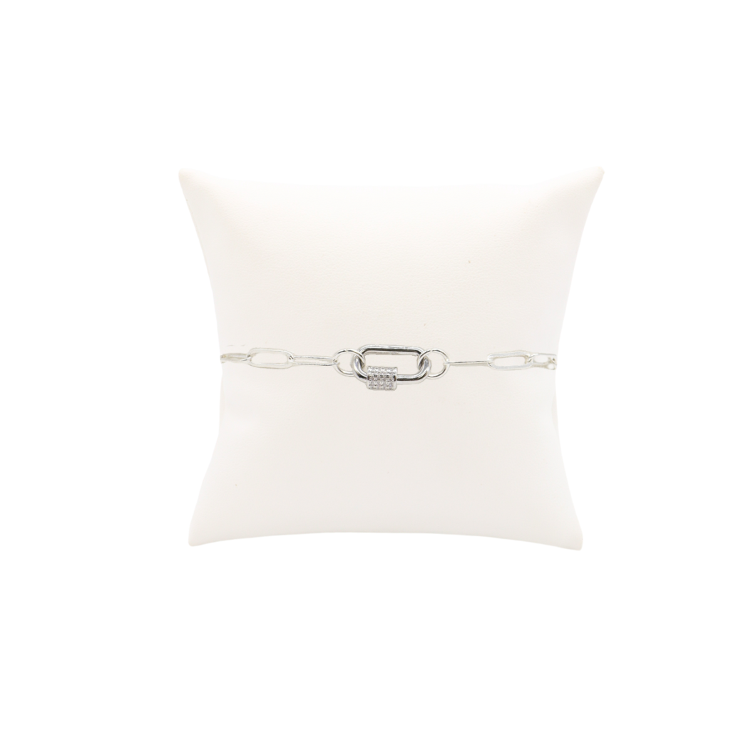 Front of Silver Ashley Paperclip Chain Charm Bracelet with Small Gabi Carabiner