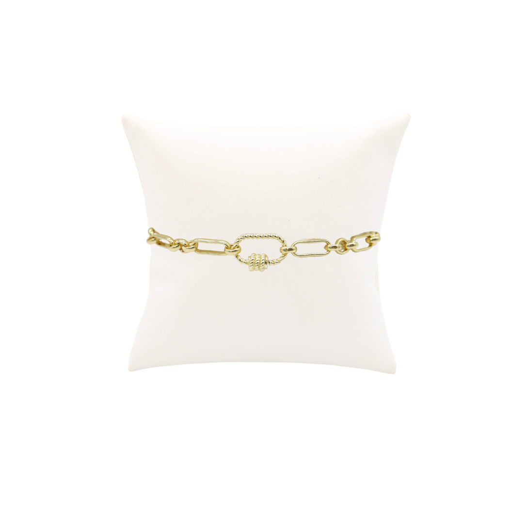 Front view of the Gold Anna Charm Bracelet with Small Bella Carabiner