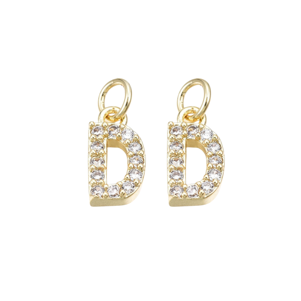Front view of the Gold Micro Pave Clear Cubic Zirconia Initial Letter | Alphabet Charm Set | Letter D