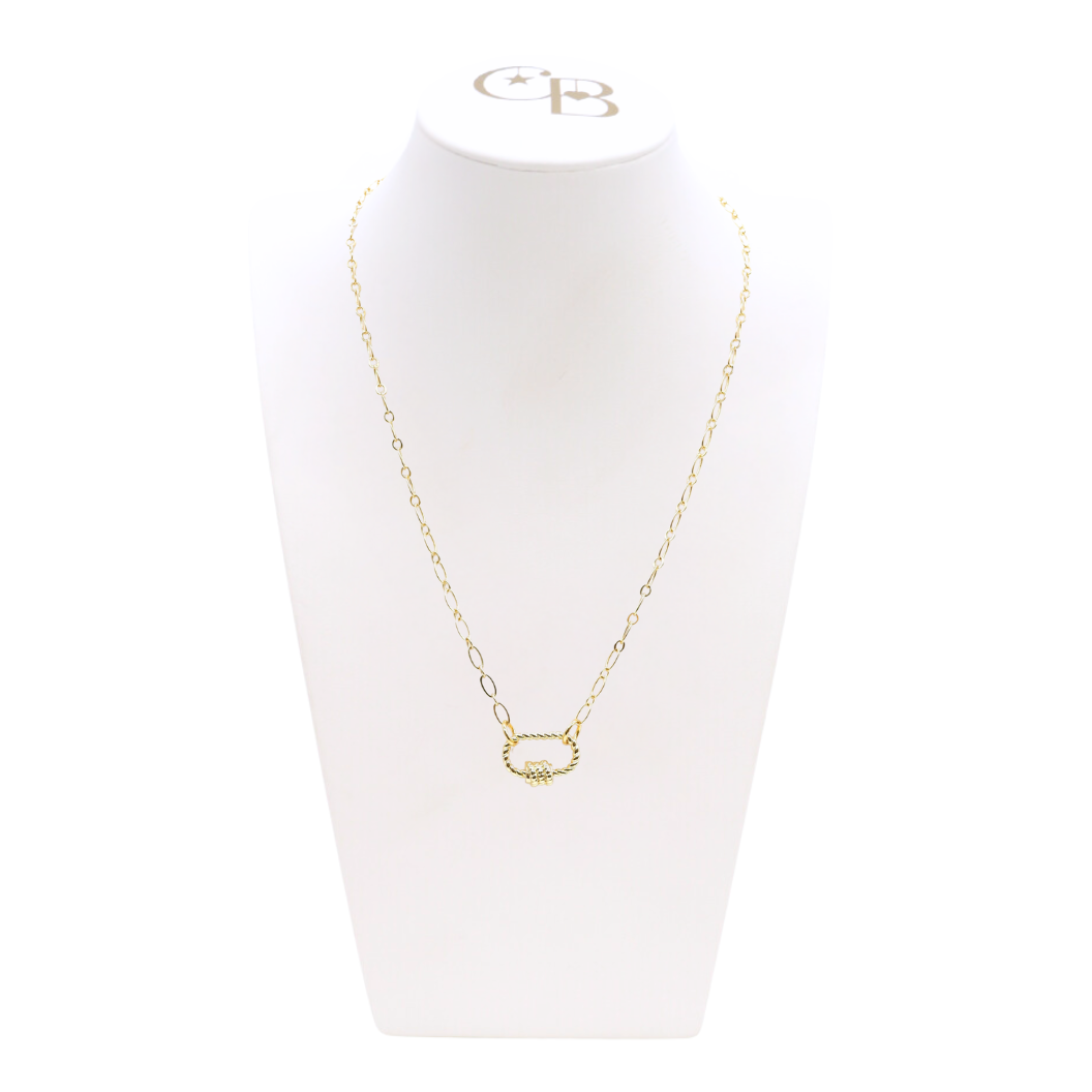 Front of Gold Christie Necklace with Small Bella Carabiner on CB Bust