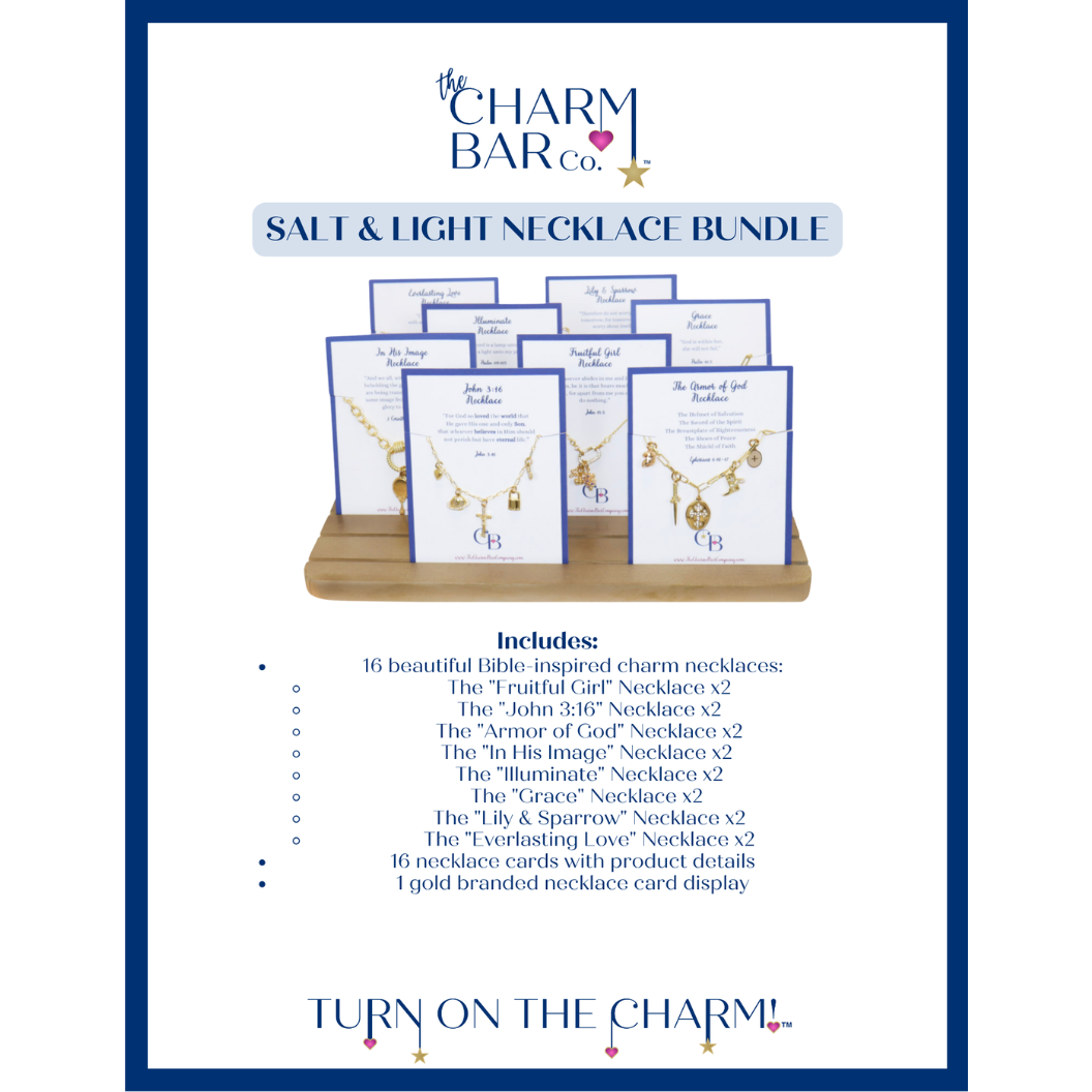 Salt & Light Necklace Bundle including 16 beautiful Bible - Inspired Charm Necklaces, 16 Necklace Cards with Product Details, and 1 gold branded necklace card display