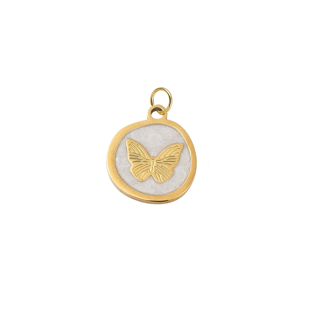 Gold Whimsical White Butterfly Charm | Waterproof Stainless Steel on transparent background