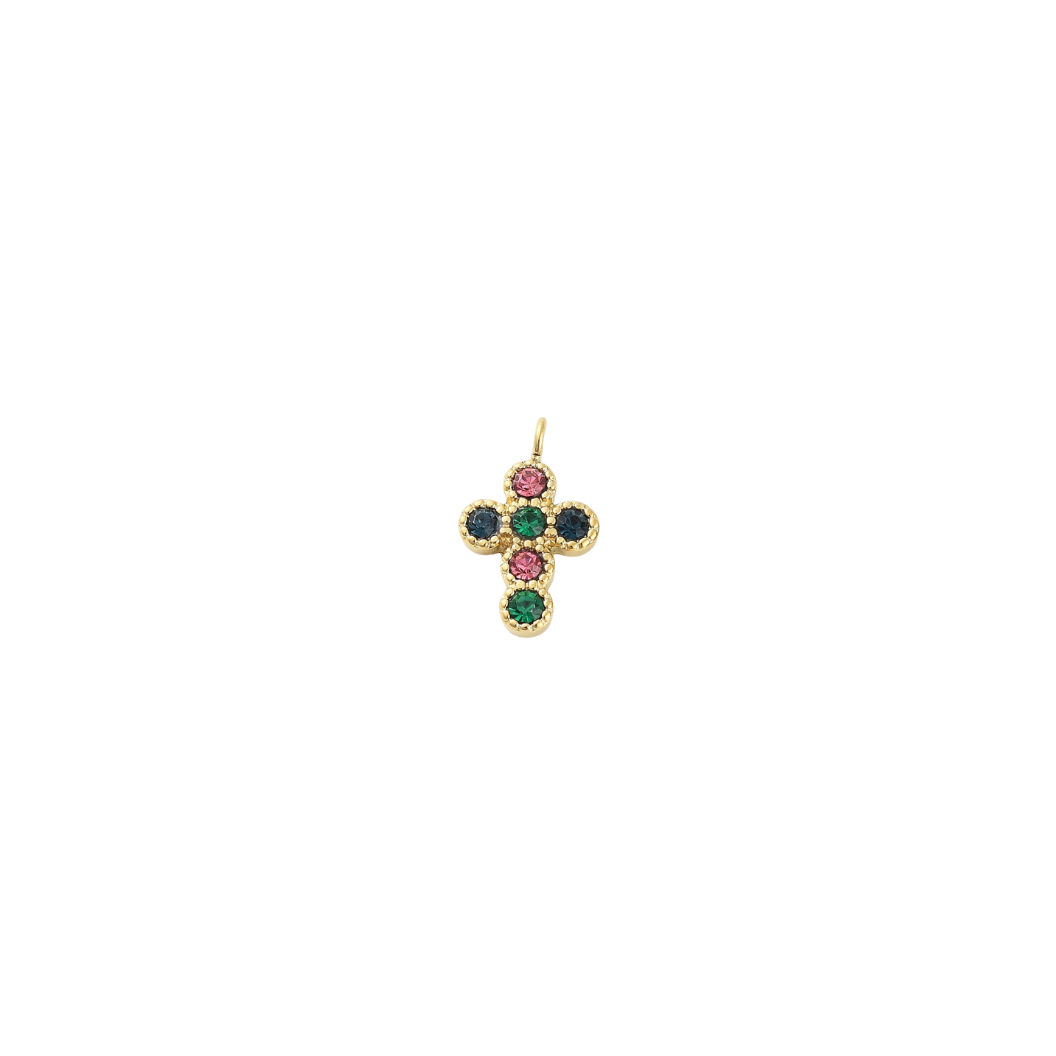 Gold Colorful Gem Cross Charm | Waterproof Stainless Steel Charms on transparent background