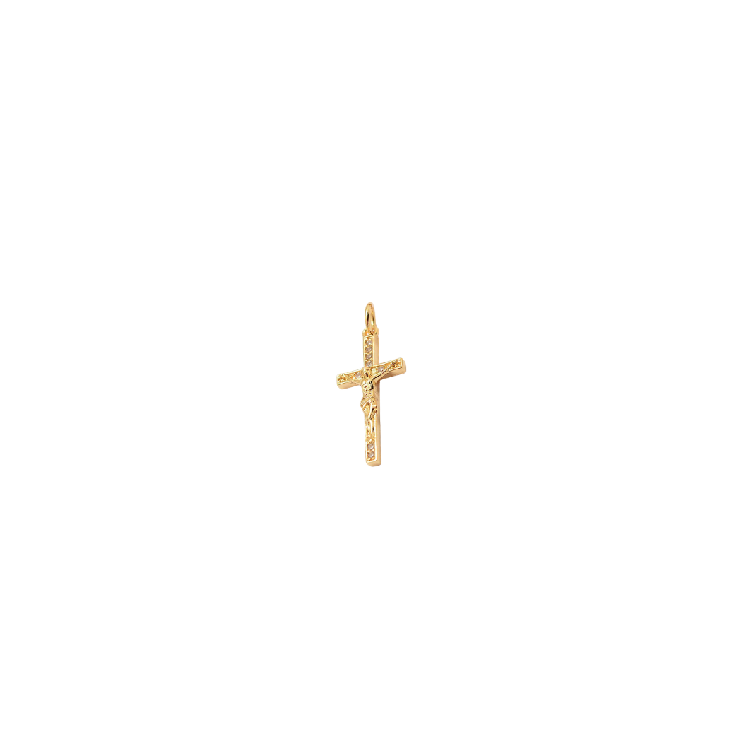 Gold Jesus Crucifix with Micro Pave' Charm on transparent background