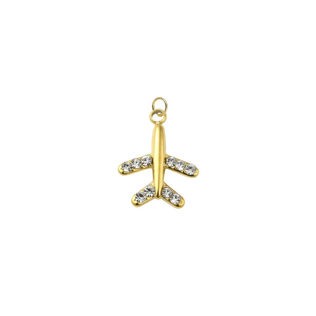 Gold Jet Airplane with Cubic Zirconia Charm