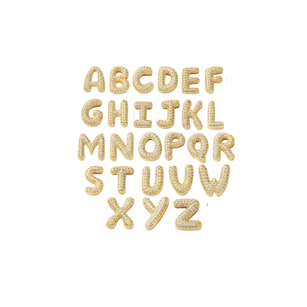 Front. View of the Gold Mini Rhinestone Slider Bubble Initial Letter | Alphabet Charm Set