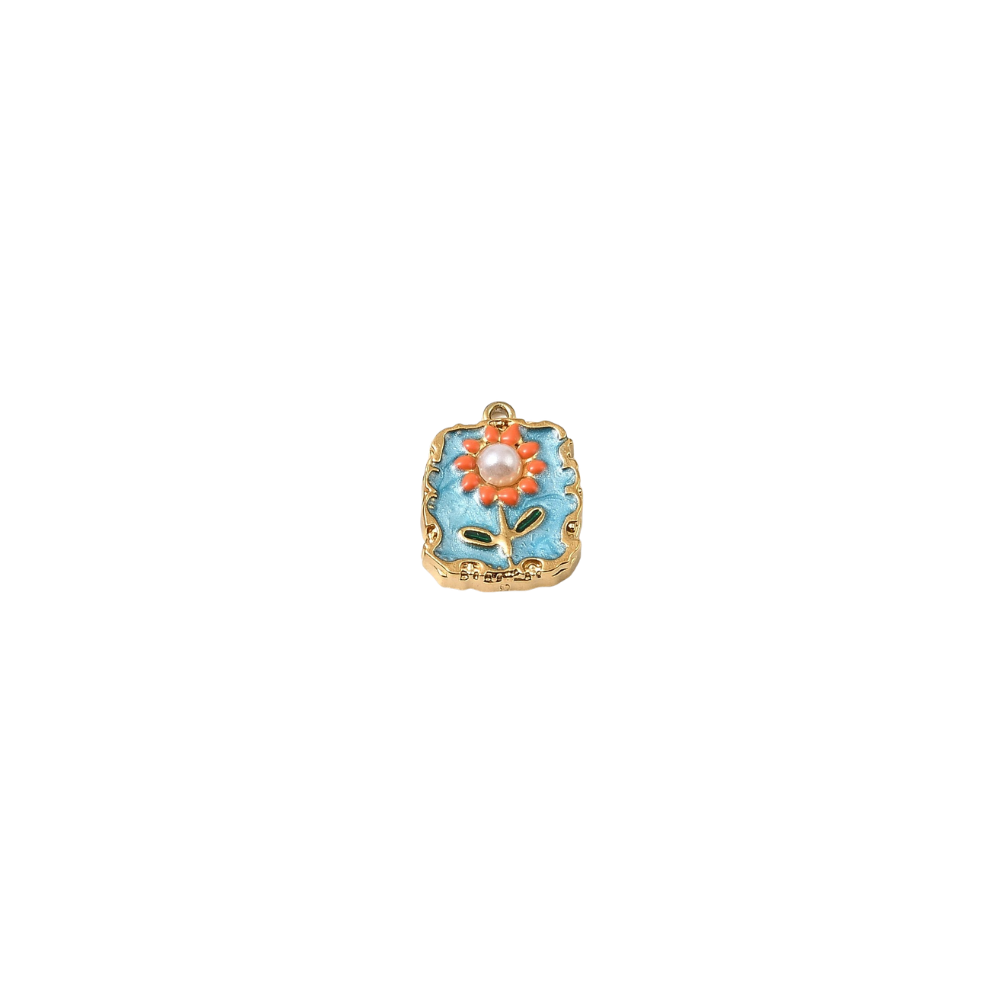 Gold Floral with Pearl Tile Charm - Waterproof Stainless Steel