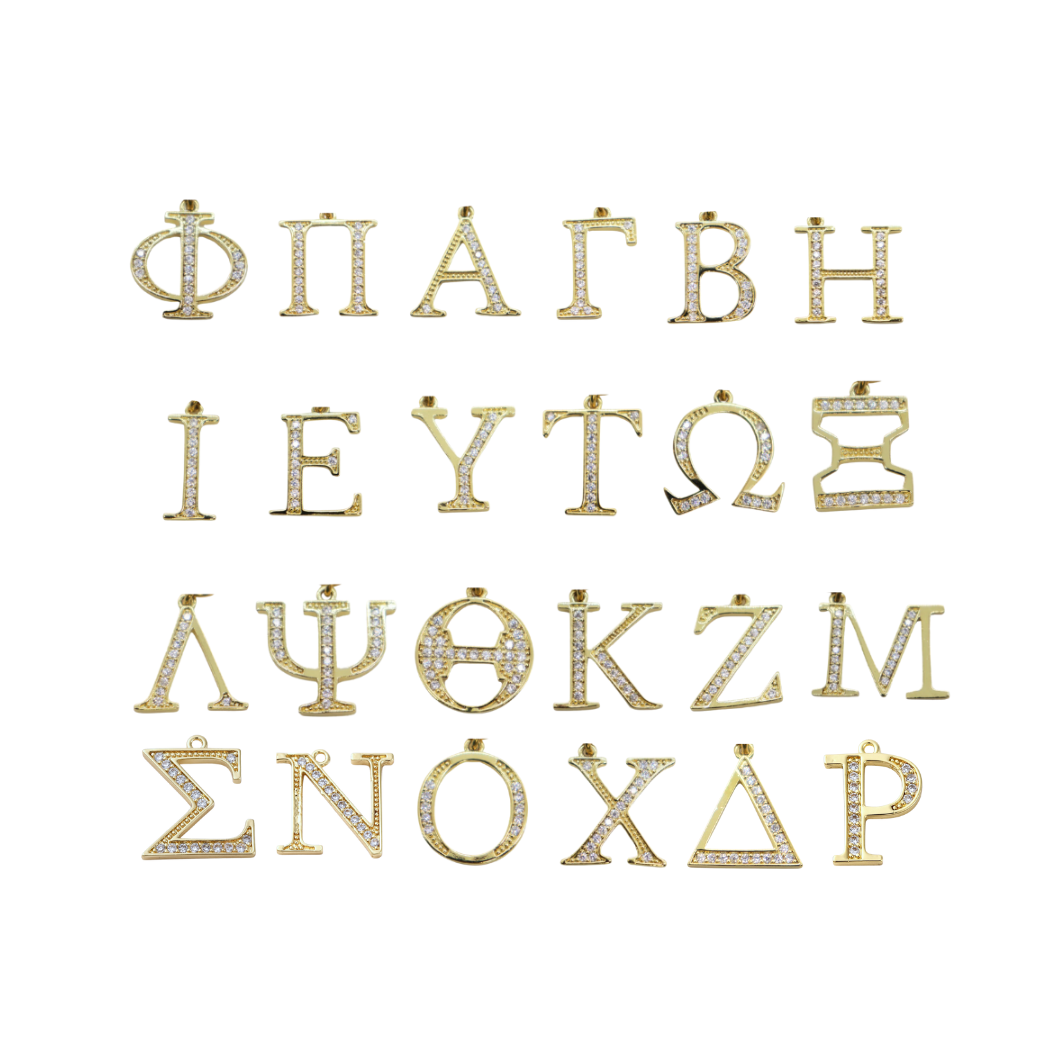 Front View of the Gold Cubic Zirconia Greek Life Charms | Alphabet Set