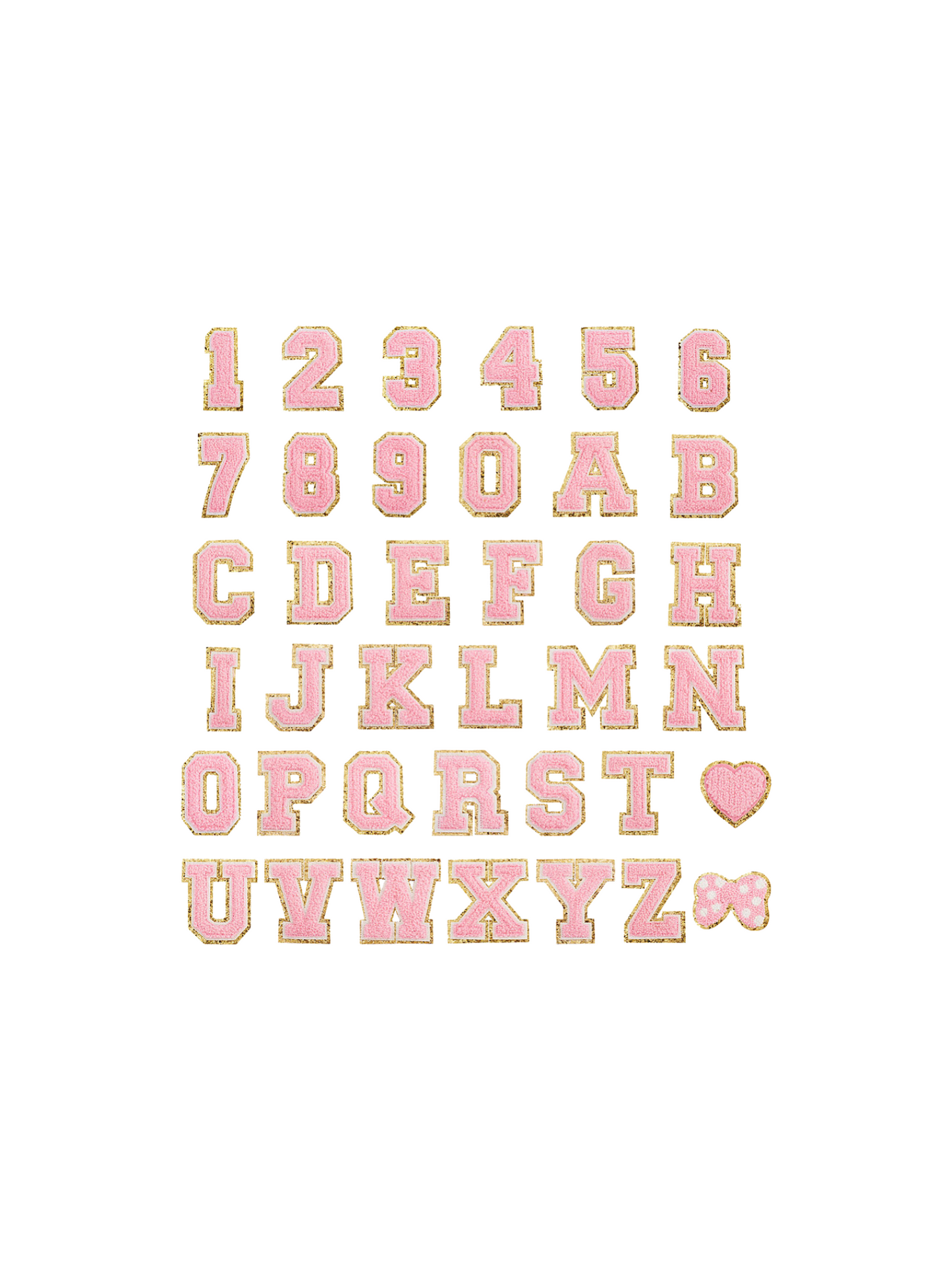 Assortment & Front View of Ballet Pink Letter & Number Patches | Set