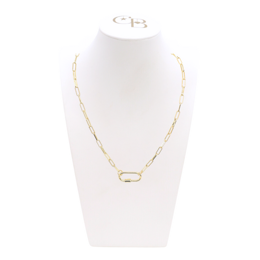 Front of the Gold Ashley Necklace with Piper Carabiner on CB Bust
