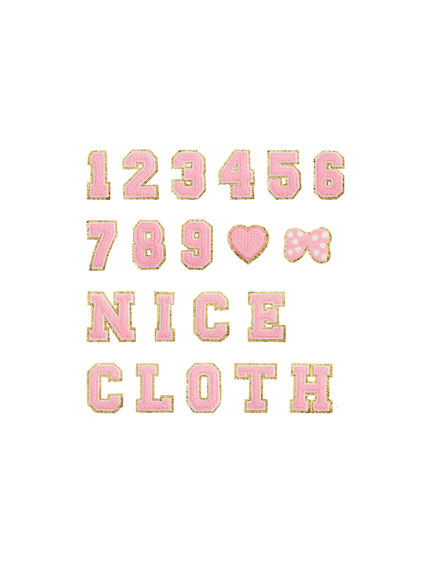 Assortment & Front View of Ballet Pink Letter & Number Patches | Set