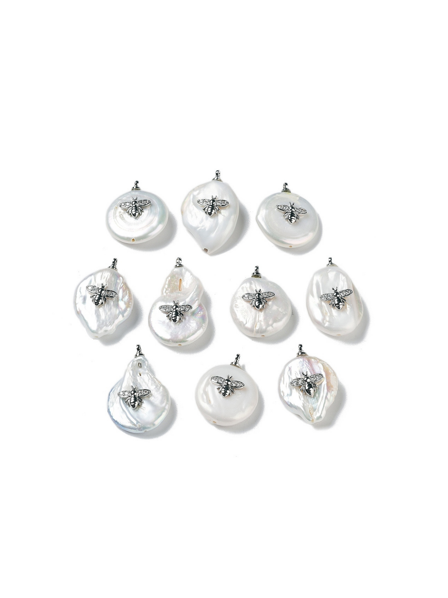 Front of 10 Silver Freshwater Pearl Bee Charms
