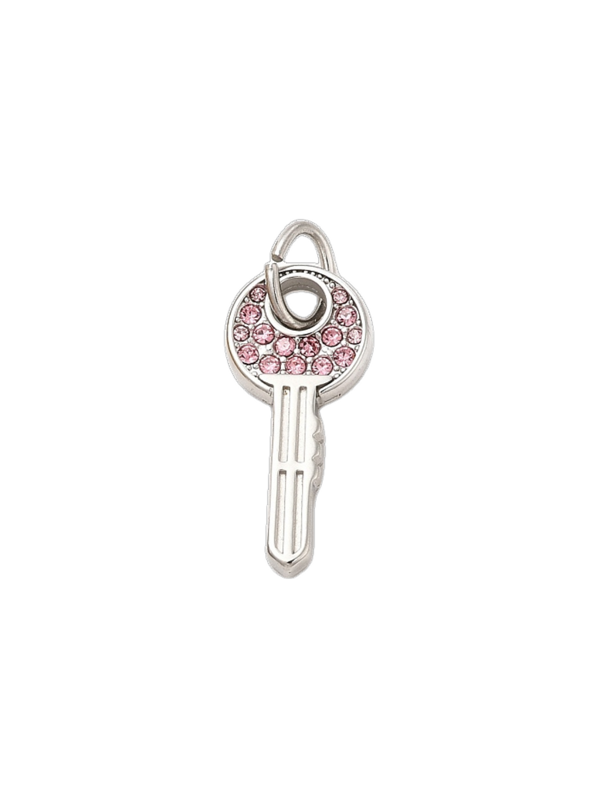 Front of the Silver Home Sweet Home Key Charm with pink rhinestones