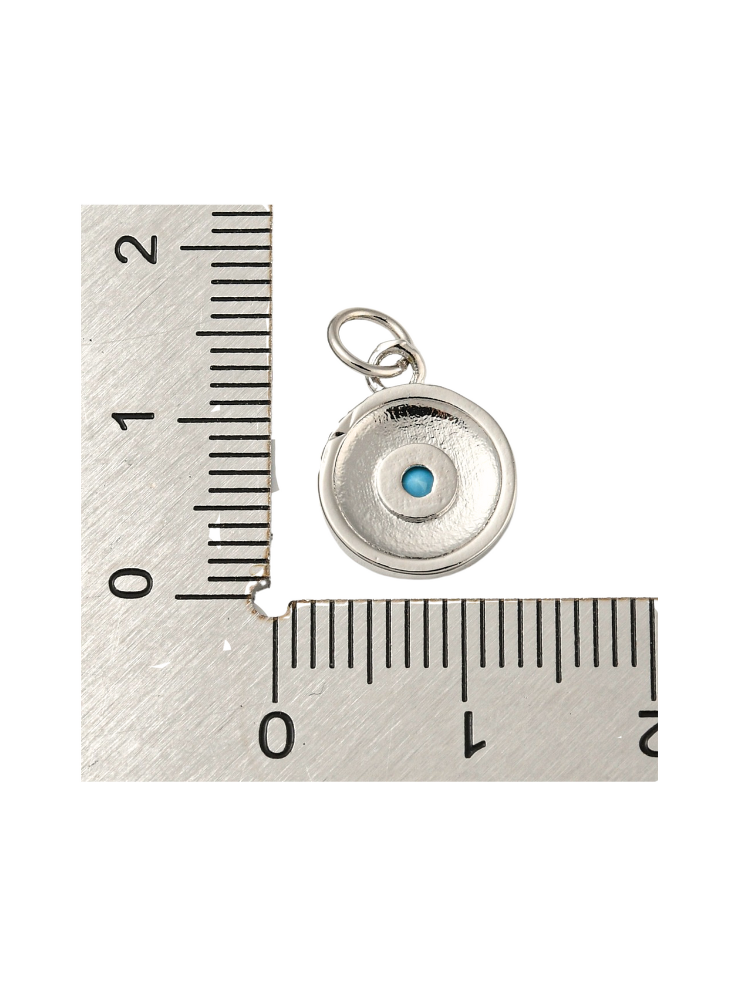 Back of the Silver Sky Blue Embellished Disc Charm with a ruler