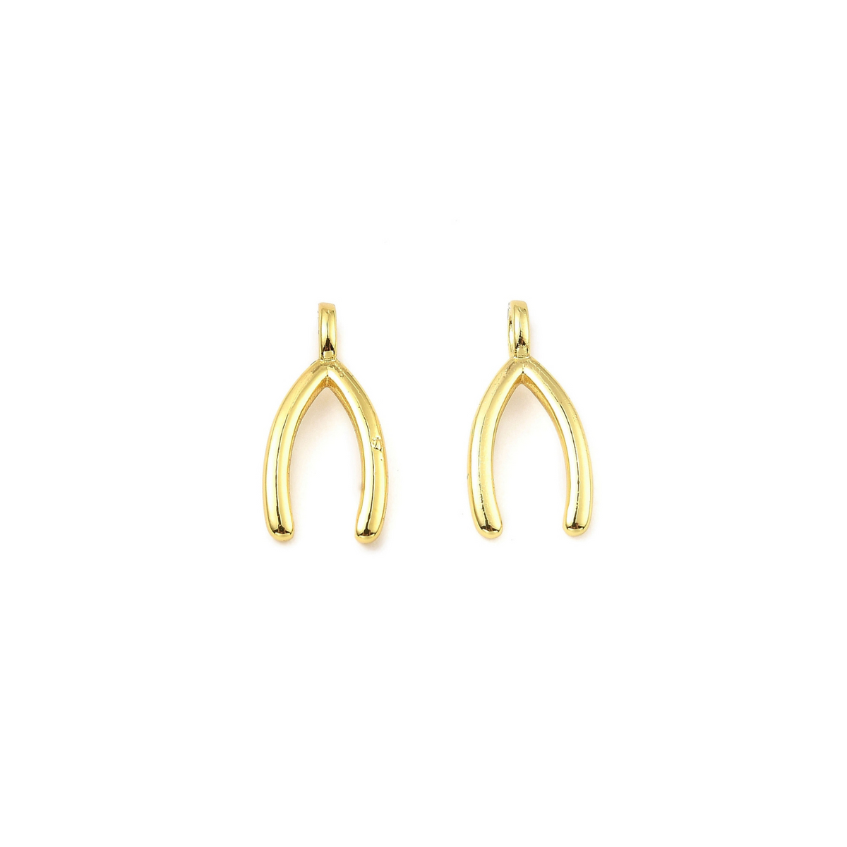 Side by side Gold Wishbone Charms, front and back view.
