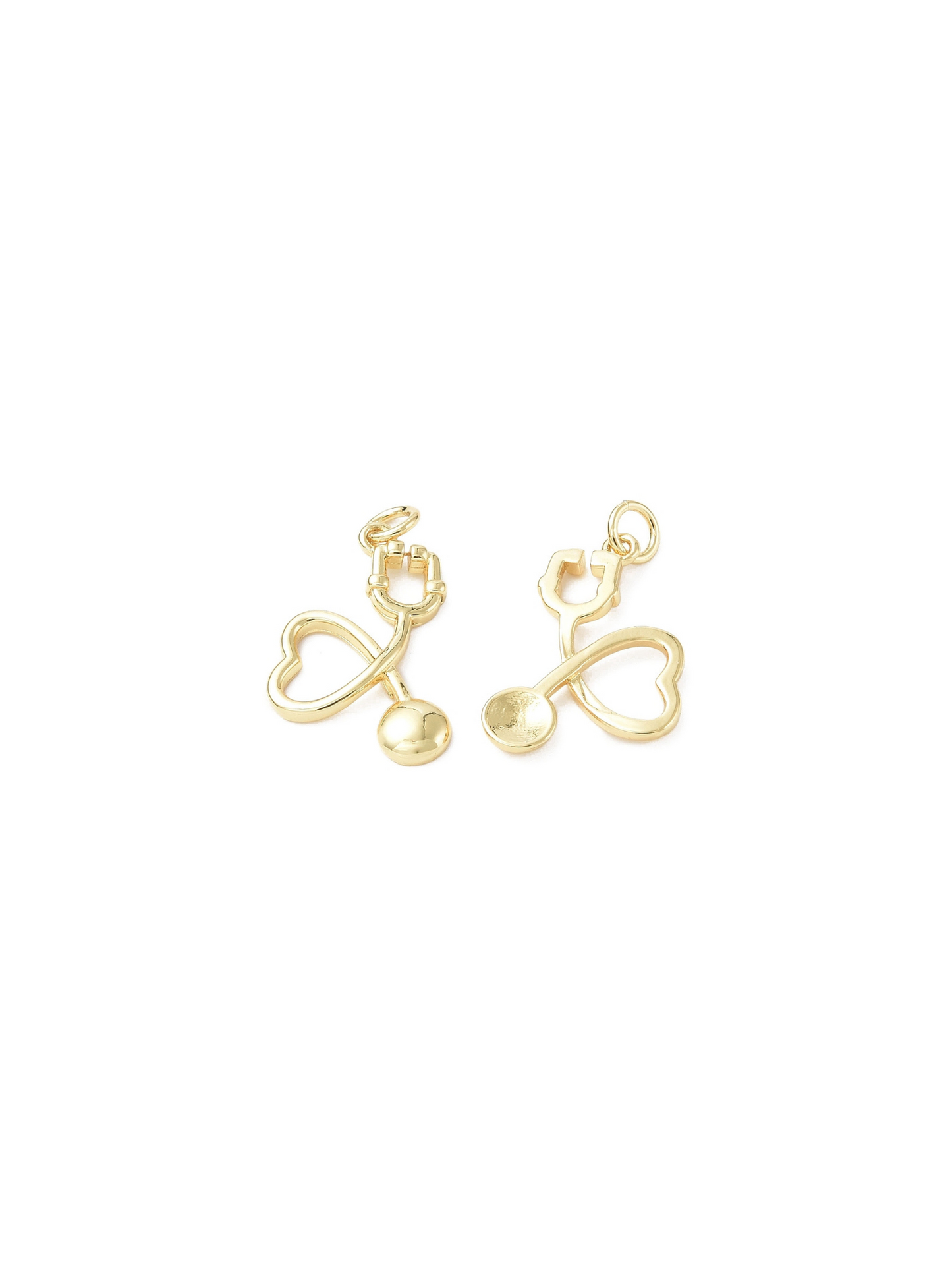 Side by side gold Heart Stethoscope Charms, front and back view.