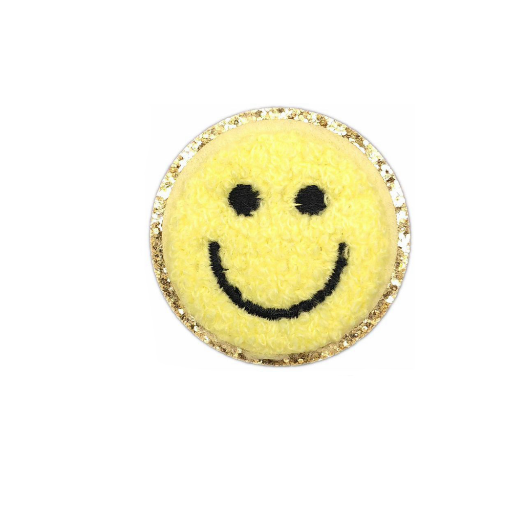 Front view of the Smiley Face Chenille Patch, Light Yellow