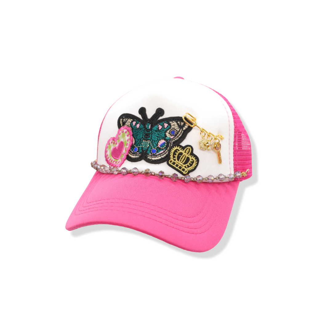 Purple Liza Trucker Hat Chain on a trucker hat