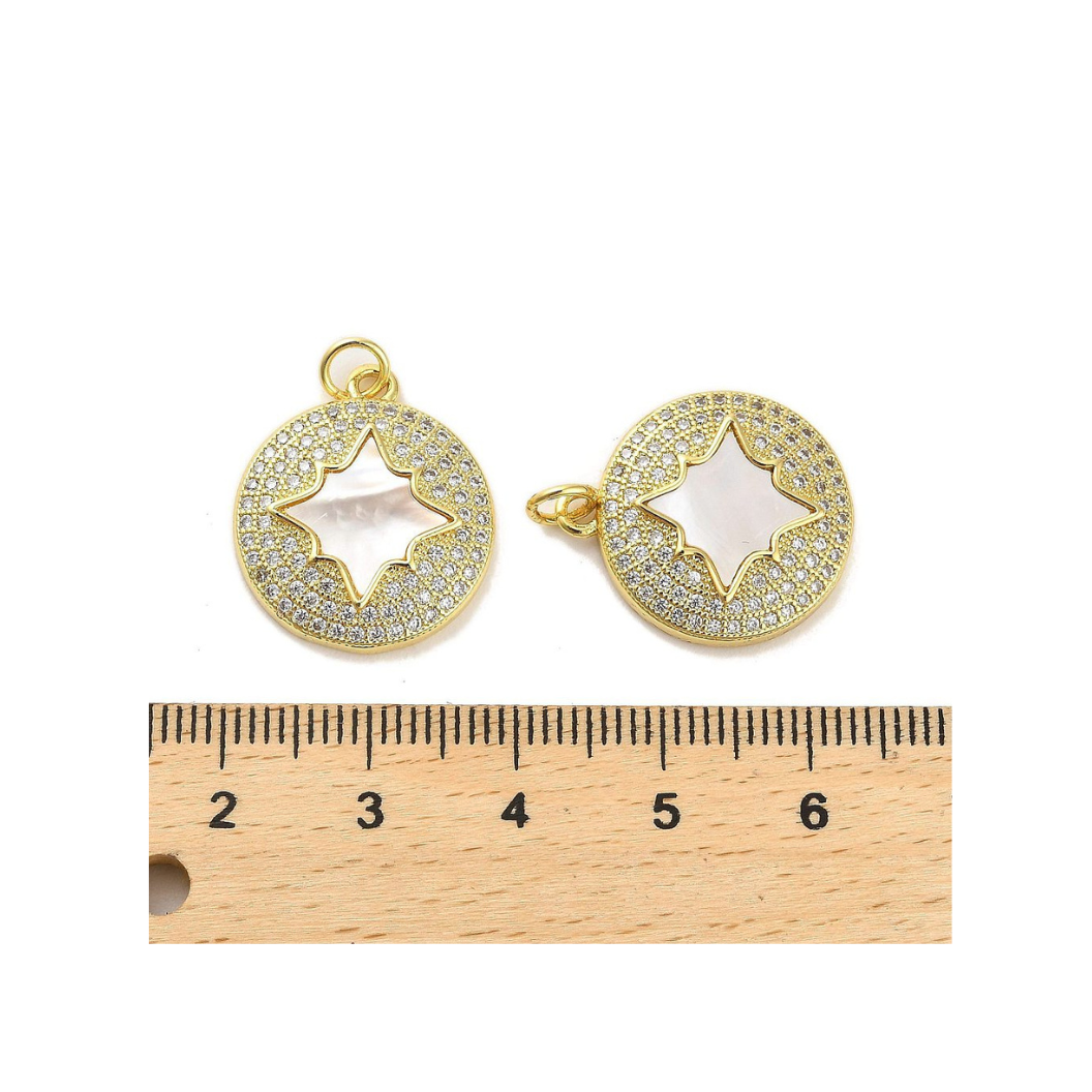 Front, side, & length view of the Gold Cubic Zirconia Shell Star Disk
