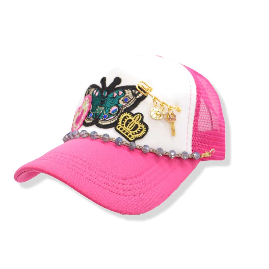 Blue Liza Trucker Hat Chain on a trucker hat