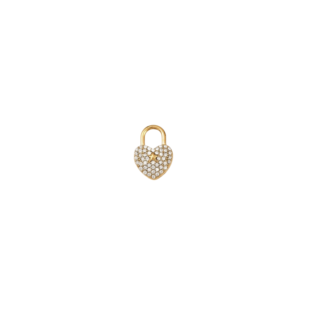 Gold Stellar Cubic Zirconia Heart Lock Charm on transparent background