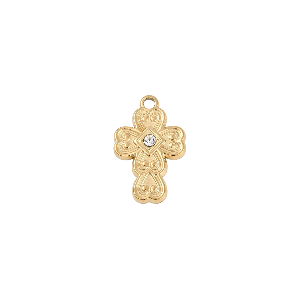 Gold Scrollwork Cross with Rhinestone Center Charm on transparent background